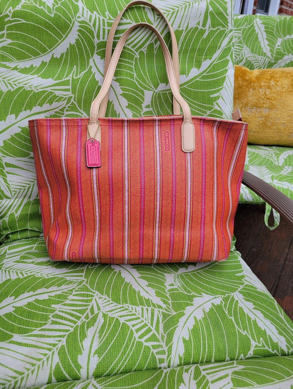 Coach Pink,Orange & Green Striped Tote Bag With Matching Wrislet